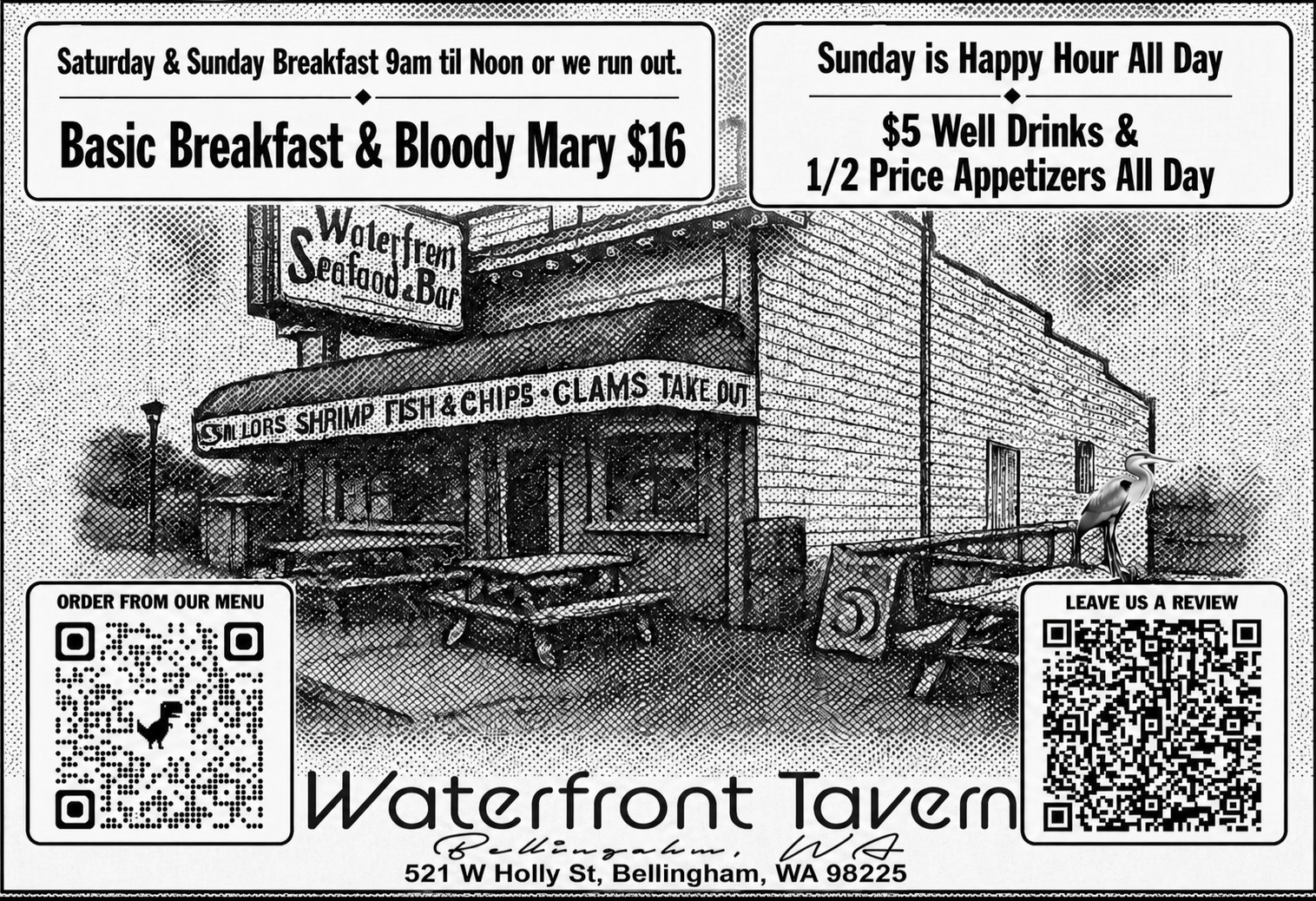 Waterfront Tavern weekend specials — Saturday Sunday breakfast Bloody Mary and all-day happy hour Bellingham WA